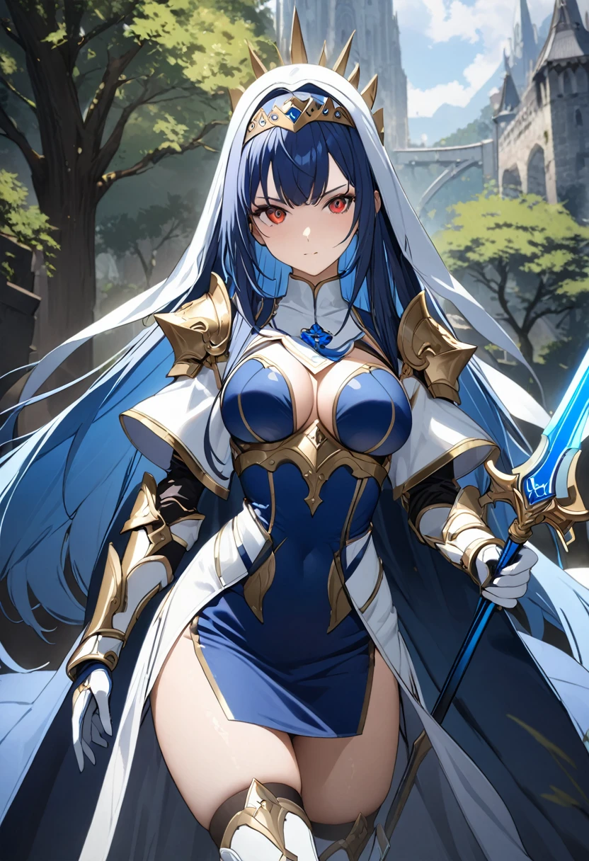 Highest quality、unity 8k wallpaper、32k、masterpiece、Very detailed、Ultra-high resolution、Very detailedな顔, RAW Photos, Professional, Ultra-fine painting、Midnight blue long straight hair、Platinum tiara with blue gemstones、Blue Nun Cape、Red Eyes、(Tree Eyes), Cool and sharp features, hime cut, 20～A female magical warrior, about 24 years old.、White and gold breastplate、Blue and white leotard、(((Blue and white gold-embellished long pencil skirt with side armor and long slits)))、Half puff sleeves with shoulder pads、A large white ribbon with a large sapphire on the chest、White and blue long gloves、(((White and blue thigh-high stiletto boots:1.0)))、whole body、He has a spear with a glowing blue blade,