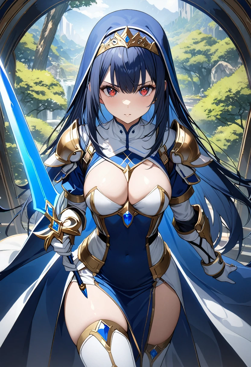 Highest quality、unity 8k wallpaper、32k、masterpiece、Very detailed、Ultra-high resolution、Very detailedな顔, RAW Photos, Professional, Ultra-fine painting、Midnight blue long straight hair、Platinum tiara with blue gemstones、Blue Nun Cape、Red Eyes、(Tree Eyes), Cool and sharp features, hime cut, 20~A female magical warrior, about 24 years old.、White and gold breastplate、Blue and white leotard、(((Blue and white gold-embellished long pencil skirt with side armor and long slits)))、Half puff sleeves with shoulder pads、A large white ribbon with a large sapphire on the chest、White and blue long gloves、(((White and blue thigh-high stiletto boots:1.0)))、whole body、He has a spear with a glowing blue blade,