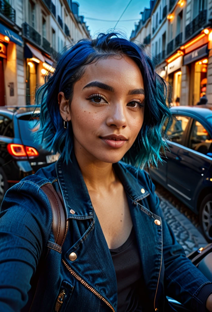 A beautiful mixed-race woman with blue hair, casual selfie in a car, wearing a dark blue jacket and black t-shirt, on a Parisian street, warm lighting, atmospheric, moody, vibrant colors, (best quality,4k,8k,highres,masterpiece:1.2),ultra-detailed,(realistic,photorealistic,photo-realistic:1.37)