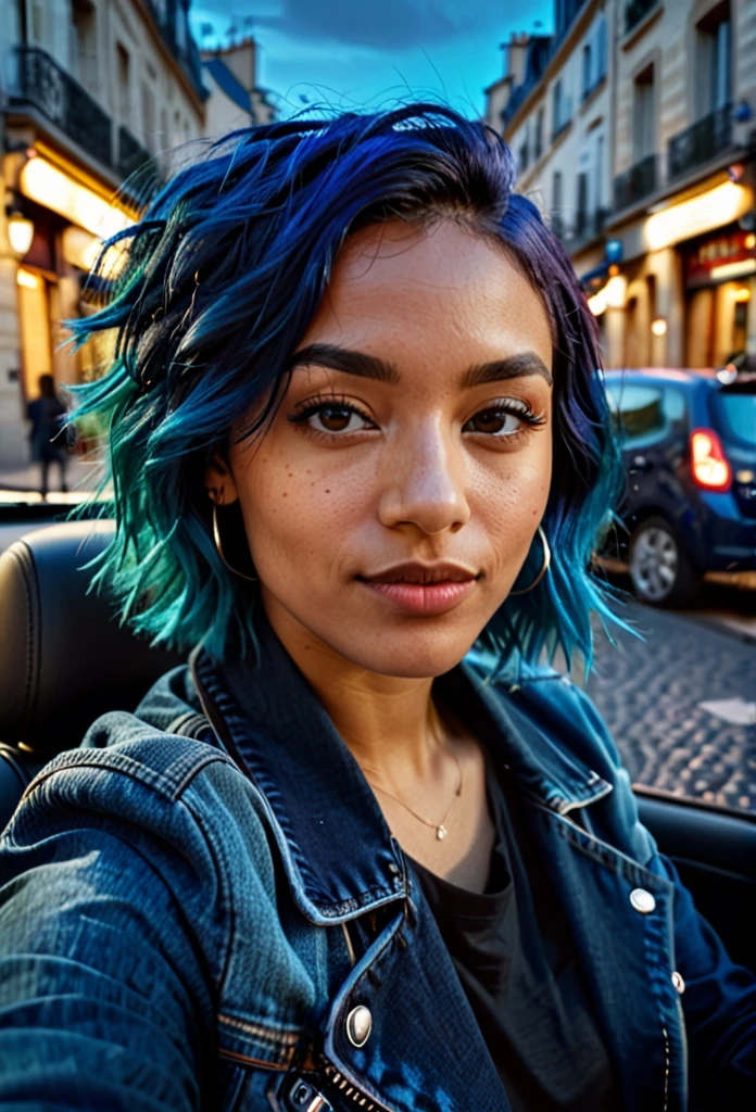 A beautiful mixed-race woman with blue hair, casual selfie in a car, wearing a dark blue jacket and black t-shirt, on a Parisian street, warm lighting, atmospheric, moody, vibrant colors, (best quality,4k,8k,highres,masterpiece:1.2),ultra-detailed,(realistic,photorealistic,photo-realistic:1.37)