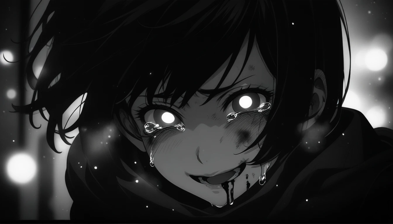 masterpiece, best quality, 1girl, momose_(oqo) official art, misaki kurehito official art, grayscale, manga style, japanese, chi no wadachi, black eyes, glowing white pupils, street, iced, black hair, schoolbag, smile, crying, tears, tears streaming, blood, blood_from_mouth, bruise, nosebleed, lineart, face against the ground, looking at viewer, blood on face, black coat, black scarf, 35 years old, mature_female:1, tall, fair skinned, bokeh background, streaming, bob cut, light particles, centered, snowing, emotional anime scene, (very aesthetic, best quality, ultra detailed), intricate details, red and blue lights flashing, camera glare, finger_gun, pointing at viewer