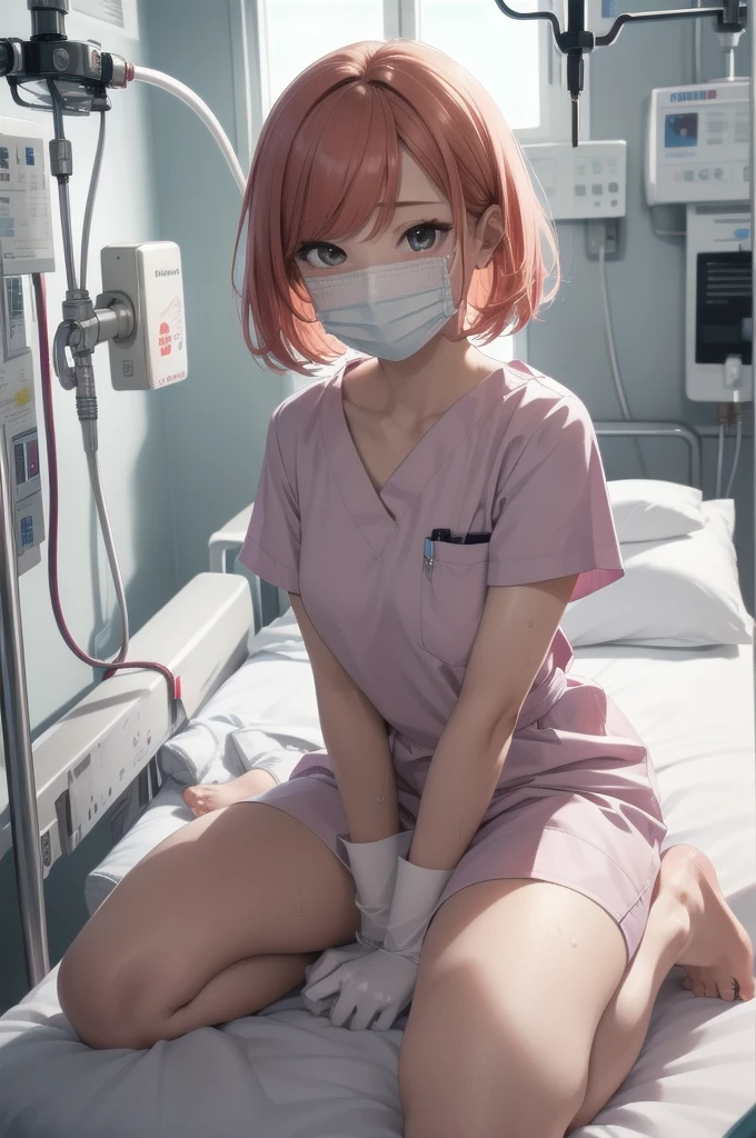 Beautiful young woman, Anime Style, Detailed face, Redhead, Wet Hair, Big eyes, pinkの目, Delicate features,One Girl, alone, nurse, pink, White gloves, Very short hair, Orange Hair, ((White surgical mask, Covered Nose)),Lying in bed, ((Hospital room)), Sharp contours, Short sleeve, Tomboy, boyish, Highest quality, masterpiece、No hat、erotic、sexy、Masturbation、pants、pinkローター、barefoot、Thighs、Place a pillow between your legs、Nice face、Embarrassed face、Hospital roomのベッド、Half naked