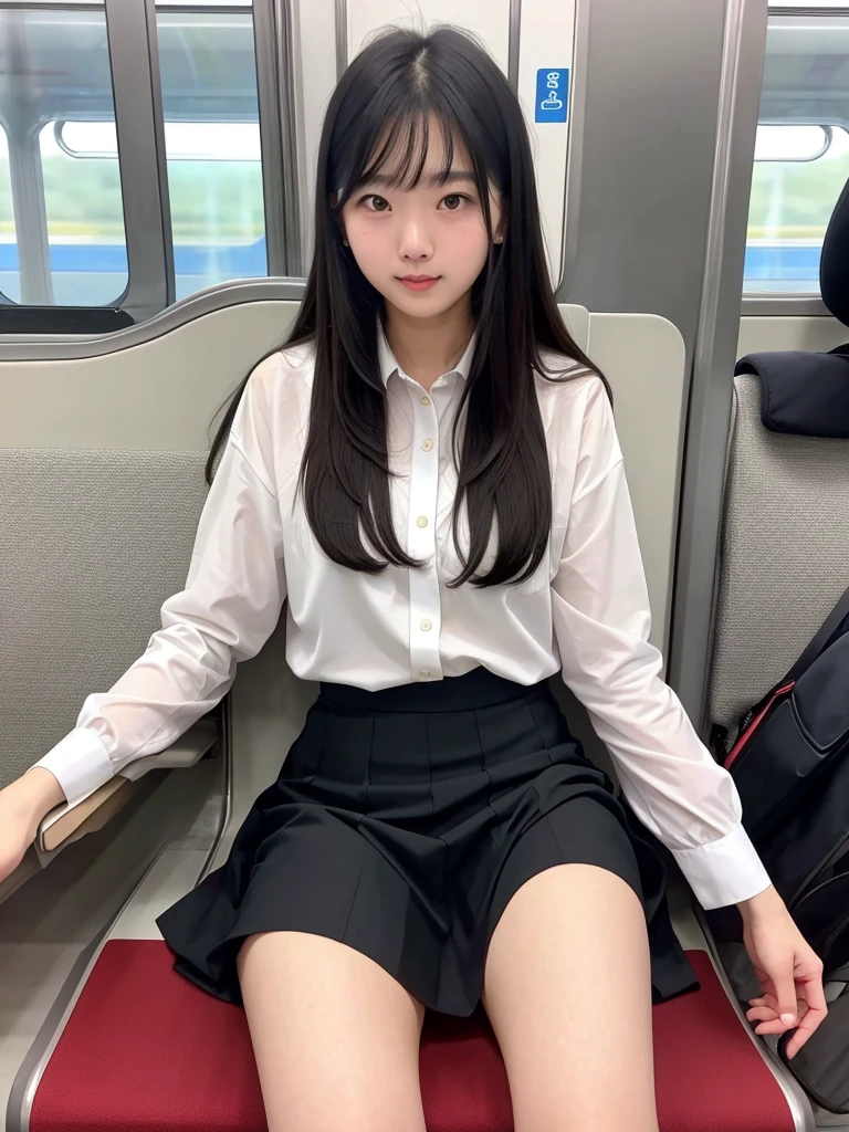Asian girl, 19 years old, beautiful, well-groomed, sitting on the train seat, wearing a mid-length skirt, legs open without panties, showing her pussy, ultra hd, best quality, super realistic.