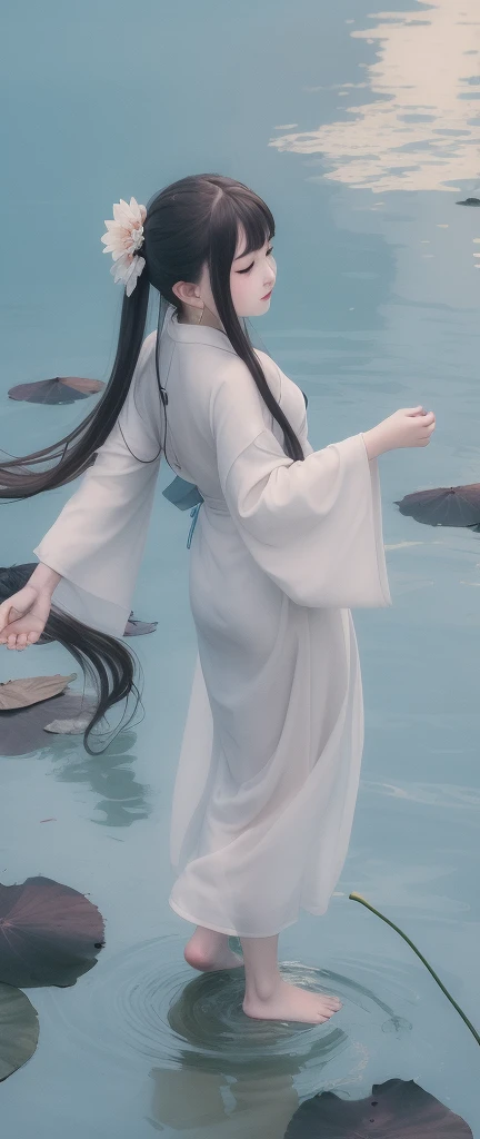 ((4k,masterpiece,best quality)), shuimobysim, traditional chinese ink painting, lotus, hanfu, maxiskit, dress conservatively
1girl, solo, long blue hair, smile, standing, feet in the water, barefoot,
、Dragon flying in the sky