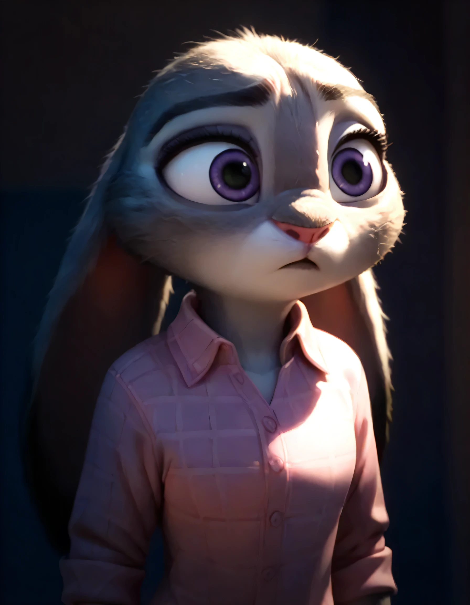 score_9, score_8_up, score_7_up, score_6_up, source_furry, judyhopps confused, solo, pink shirt, jeans, arms at sides, front view, portrait 