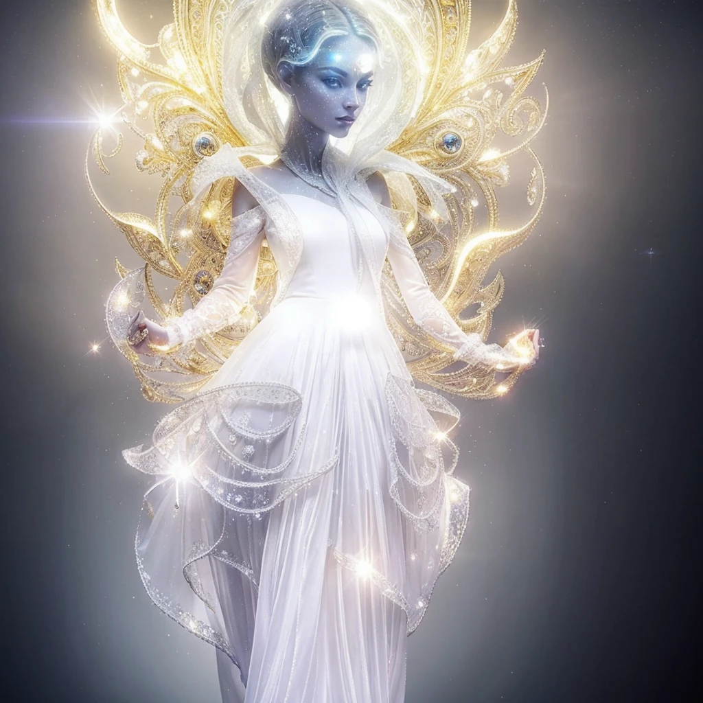 Very real image. Beautiful extraterrestrial goddess, with a long neck, big head, slanted eyes, tiny nose, bright blue luminous dots come out of her neck, she wears a white ruffled dress, she radiates golden lights. Photorealism, full view, highly detailed image, very realistic, hyperrealism, Ultra HD, 8k, 5, sharp focus, intricate and mysterious masterpiece. (Long exposure photography Very detailed close-up portrait artistic illustration: final quality, medium shot, backlight, Rich and striking. Enigmatic and mysterious manipulations (composition of the rule of thirds), ((detailed environment with strong lines) The best quality, in camera, white light, warm and clean aesthetics, dazzling screen composed of millions of brilliant ultraviolet rays, HDR.