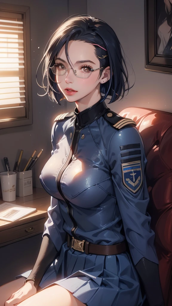 Beautiful young girl with blue short hair, A light smile, Brown eyes, hair clips, lips, Stud earrings, Semi-rimless eyewear, , Big butt but small breasts, (Highest quality,4K,8K,High resolution,masterpiece:1.2),Very detailed,(Realistic,photoRealistic,photo-Realistic:1.37),Very detailed顔, Very detailed目と顔, Long eyelashes, Beautiful attention to detail, beautiful detailed lips, Concept Art, Cinema Lighting, Vibrant colors, a beautiful girl in military uniform,short wavy hair,glasses,busty,detailed face,beautiful eyes,beautiful lips,highly detailed,photorealistic,8K,masterpiece,studio lighting,dynamic pose,intricate details,dramatic lighting,cinematic atmosphere,vibrant colors,elegant,powerful,confident((Women's military uniform、Formal wear、skirt))