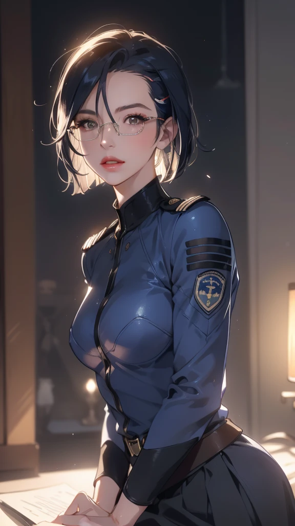 Beautiful young girl with blue short hair, A light smile, Brown eyes, hair clips, lips, Stud earrings, Semi-rimless eyewear, , Big butt but small breasts, (Highest quality,4K,8K,High resolution,masterpiece:1.2),Very detailed,(Realistic,photoRealistic,photo-Realistic:1.37),Very detailed顔, Very detailed目と顔, Long eyelashes, Beautiful attention to detail, beautiful detailed lips, Concept Art, Cinema Lighting, Vibrant colors, a beautiful girl in military uniform,short wavy hair,glasses,busty,detailed face,beautiful eyes,beautiful lips,highly detailed,photorealistic,8K,masterpiece,studio lighting,dynamic pose,intricate details,dramatic lighting,cinematic atmosphere,vibrant colors,elegant,powerful,confident((Women's military uniform、Formal wear、skirt))