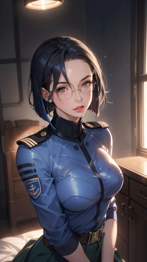 Beautiful young girl with blue short hair, A light smile, Brown eyes, hair clips, lips, Stud earrings, Semi-rimless eyewear, , Big butt but small breasts, (Highest quality,4K,8K,High resolution,masterpiece:1.2),Very detailed,(Realistic,photoRealistic,photo-Realistic:1.37),Very detailed顔, Very detailed目と顔, Long eyelashes, Beautiful attention to detail, beautiful detailed lips, Concept Art, Cinema Lighting, Vibrant colors, a beautiful girl in military uniform,short wavy hair,glasses,busty,detailed face,beautiful eyes,beautiful lips,highly detailed,photorealistic,8K,masterpiece,studio lighting,dynamic pose,intricate details,dramatic lighting,cinematic atmosphere,vibrant colors,elegant,powerful,confident((Women's military uniform、Formal wear、skirt))
