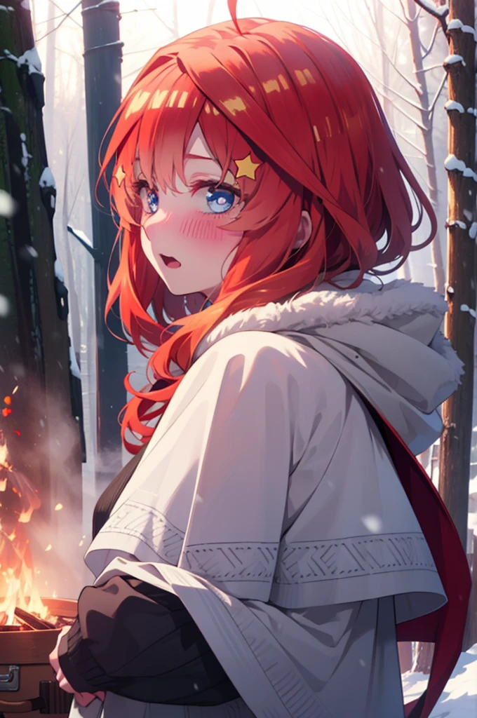 itsukinakano, itsuki nakano, bangs, blue eyes, Hair between the eyes, Ahoge, Redhead, star \(symbol\), hair ornaments, star hair ornaments,smile,blush,White Breath,
Open your mouth,snow, fire, Outdoor, boots, snowing, From the side, wood, suitcase, Cape, Blurred, Increase your meals, forest, White handbag, nature, Squat, Mouth closed, Hooded Cape, winter, Written boundary depth, Black shoes, red Cape break looking at viewer, Upper Body, whole body, break Outdoor, forest, nature, break (masterpiece:1.2), Highest quality, High resolution, unity 8k wallpaper, (shape:0.8), (Beautiful and beautiful eyes:1.6), Highly detailed face, Perfect lighting, Extremely detailed CG, (Perfect hands, Perfect Anatomy),