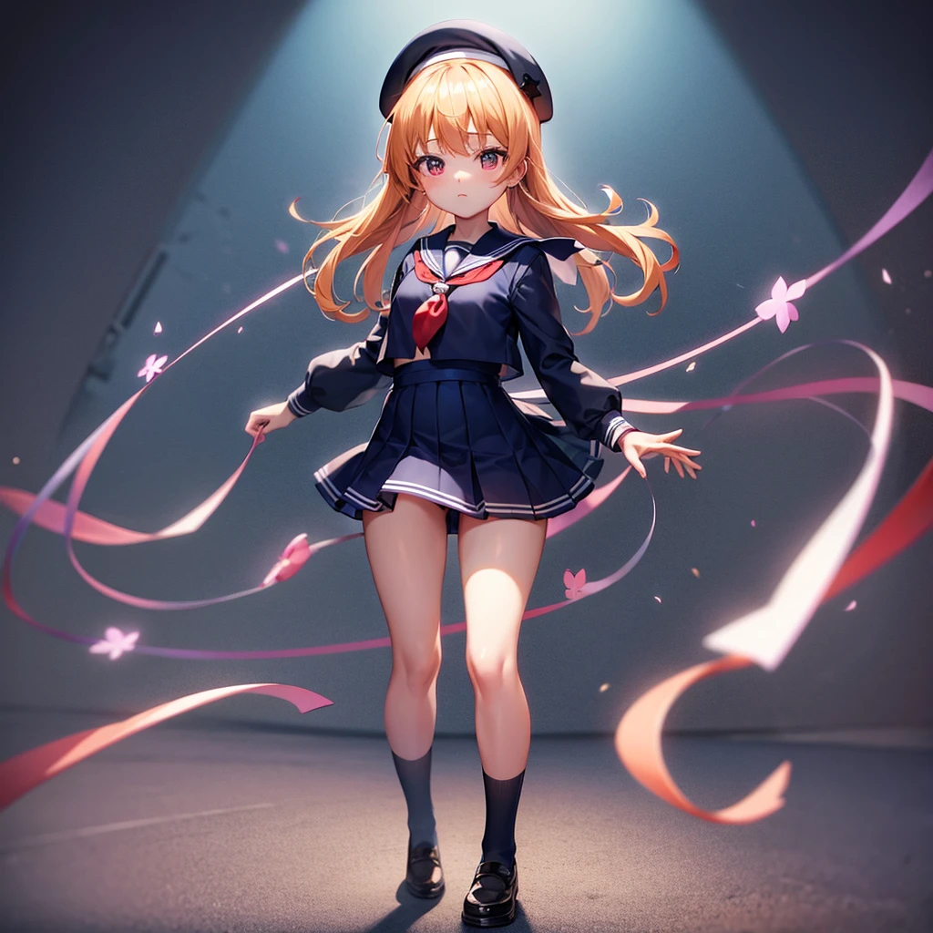 ((Sailor suit)),Big red ribbon,(((Navy Mini Skirt))),beret,Cute little loli,Tiny Lori,Small girl,,Childish face, Very fine clean face,Top quality, Big eyes,Straight Hair,Yellow hair,Crimson Eye,(Dark Room), Subtle light, Natural light,Soft lighting,Light from directly behind, (Are standing), Cute pose, Open your hands, Showing the whole body,Front view,Black background