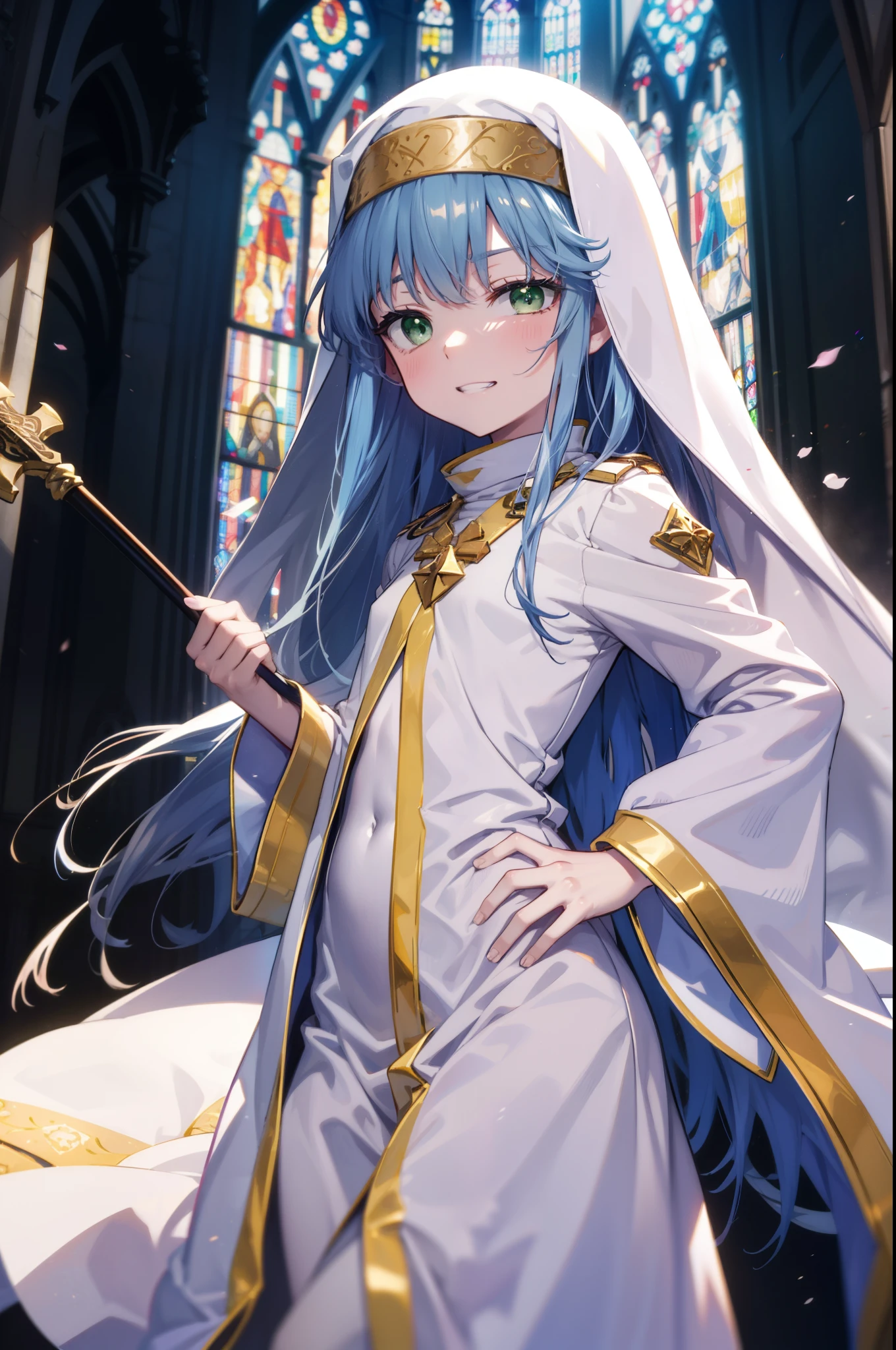 index, index, (Green Eyes:1.5), Blue Hair, Long Hair, (Flat Chest:1.2),Grin,
break habit, Long sleeve, Nuns, Robe, white Robe, Wide sleeves,Long skirt,boots,Put your right hand on your hip,In his left hand he holds a long staff bearing a holy cross,whole bodyがイラストに入るように,
break looking at viewer, whole body,
break indoors, church,
break (masterpiece:1.2), Highest quality, High resolution, unity 8k wallpaper, (figure:0.8), (Beautiful attention to detail:1.6), Highly detailed face, Perfect lighting, Highly detailed CG, (Perfect hands, Perfect Anatomy),