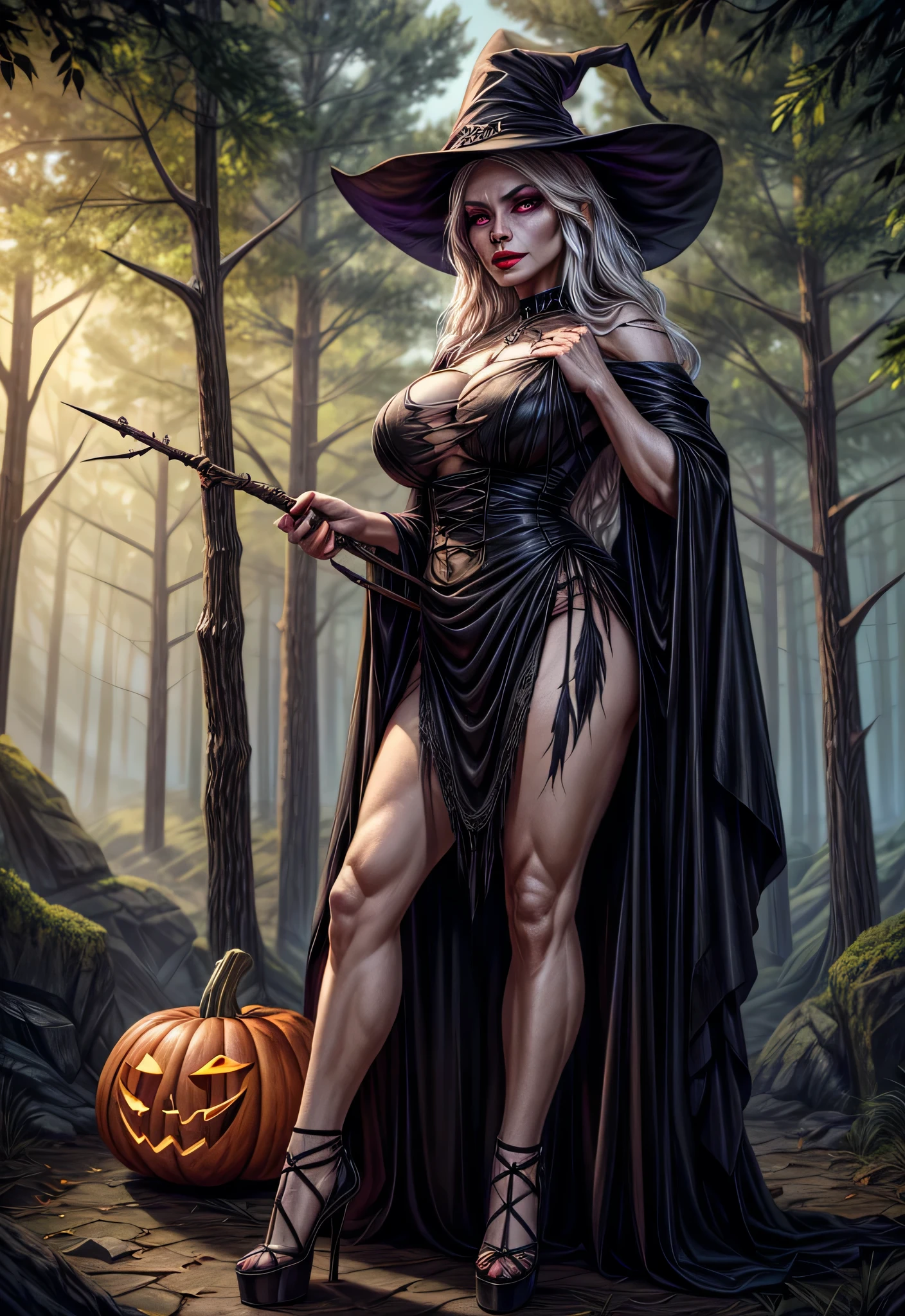 A withered and ancient old woman with sunken eyes, wrinkled skin and a crooked nose, with a black hat and a black dress holding a pumpkin, grandmother-witch, red full juicy lips, purple shadows over the eyes, long black eyelashes, bright makeup, Black high heel shoes, High heels, Black gothic dress, saggy old breasts teardrop-shaped, long curly white hair falls in waves over her shoulders, dressed in torn black clothes, wears a huge black hat decorated with bones and feathers, gnarled hands clutching a twisted staff with a skull, tattered black robes, torn and stained, a huge black hat, middle-aged witch, witch woman, portrait of a witch, witch, a witch, evil sorceress witch, classical witch, dark witch, portrait of a dark witch, witchy, dark witch character, beautiful female witch, side portrait dark witch, beautiful female witch, she is about 70 years old, she is about 70 years old, full-length view, she is about 70 years old, Against the background of the forest, detailed background, realistic, 1girl, solo girl, 20 year old girl, ultra realistic face, hyperrealistic, hyperdetailed, (looking at viewers), sharpen, detailed face, detailed eyes, detailed lips, red lips, beautiful face, 16k, FHD, raw photo, cute face mesh, pretty face mesh, portrait shot 8 k