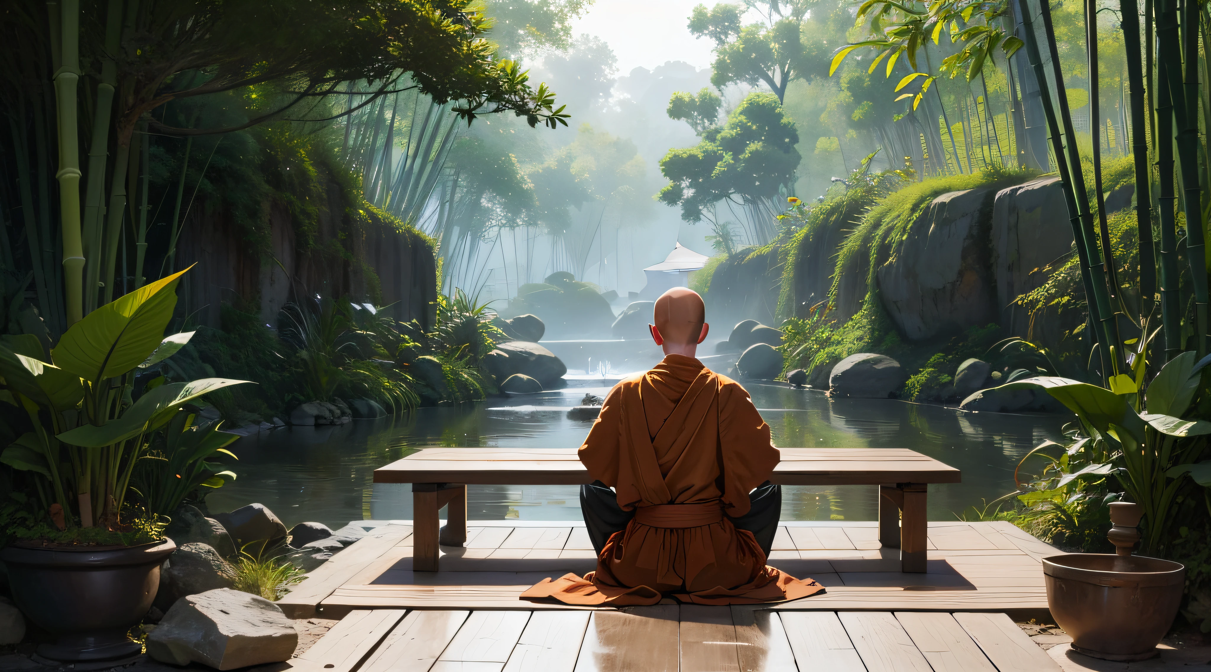 A monk, temple, Symmetrical composition, The monks sit in the middle, Monk from behind, Monk facing the bamboo forest, It's raining, Monk sitting on a cushion