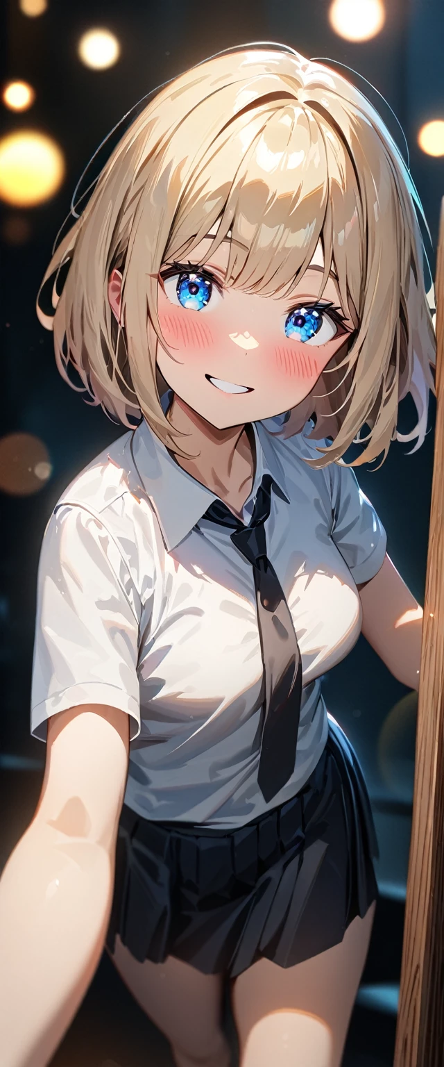 (((One girl))), blond hair, bob cut, (cowboy shot), (looking at viewer), face in focus, breasts, teenager, head tilt:1.3, (((blue eye))), ((happy smile)), ((full face blush)), school summer uniform, white shirts, black tie, black skirt, cleavage, anime style, (best quality, 4k, 8k, highres, masterpiece:1.2, ultra-detailed, ultra-detailed eyes, HDR, UHD, studio lighting, ultra-fine painting, sharp focus, physically-based rendering, extreme detail description, professional, vivid colors, bokeh)
