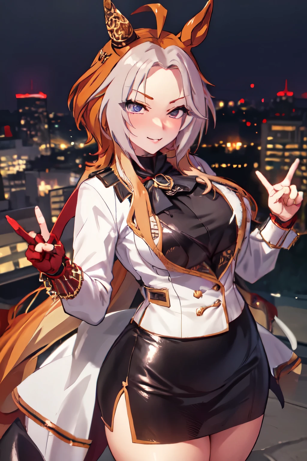 masterpiece, Highest quality, 1 person,(  Are standing, View your viewers),Detailed Background、A person who writes in detail、Accurate human body、Knowledgeable person、Accurate 5 fingers, woman,Thick thighs,Curvy body,alone, orfevre\(umamusume\),black short skirt,ahegao