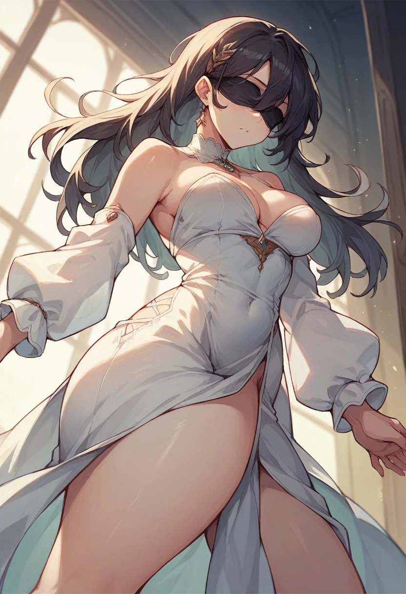 A woman who has a black blindfold and always wears a black and white dress, His hair has always been short and white., his body is tall, medium breasts, thighs and big butt.