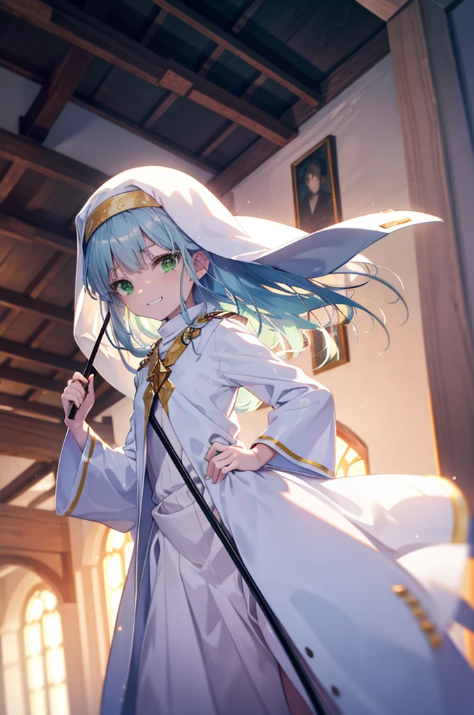 index, index, (Green Eyes:1.5), Silver Hair, Long Hair, (Flat Chest:1.2),Grin,
break habit, Long sleeve, Nuns, Robe, white Robe, Wide sleeves,Long skirt,boots,Put your right hand on your hip,In his left hand he holds a long staff bearing a holy cross,whole bodyがイラストに入るように,
break looking at viewer, whole body,
break indoors, church,
break (masterpiece:1.2), Highest quality, High resolution, unity 8k wallpaper, (figure:0.8), (Beautiful attention to detail:1.6), Highly detailed face, Perfect lighting, Highly detailed CG, (Perfect hands, Perfect Anatomy),