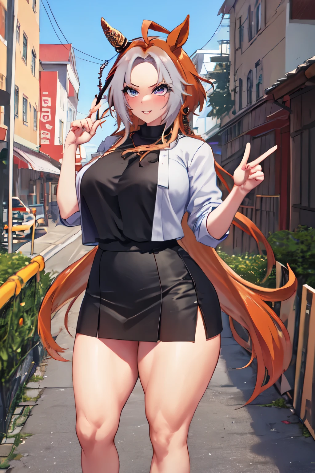 masterpiece, Highest quality, 1 person,(  Are standing, View your viewers),Detailed Background、A person who writes in detail、Accurate human body、Knowledgeable person、Accurate 5 fingers, woman,Thick thighs,Curvy body,alone, orfevre\(umamusume\),black short skirt,ahegao