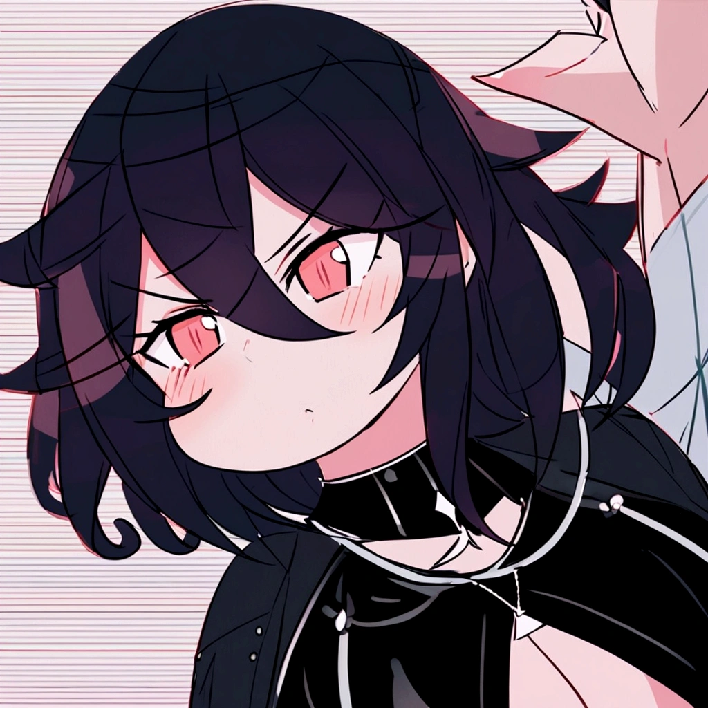 black hair girl,chubby,green and red eyes, black nails, black hero outfit,high and he is villain and hero