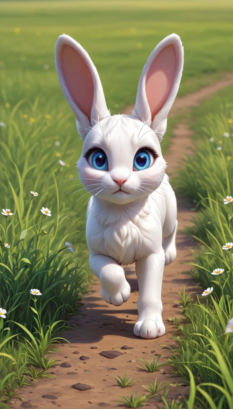 A cute little bunny with white whiskers and bright eyes,Little bunny running through the grass, leaving small footprints while moving quickly
