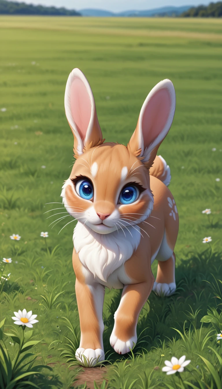A cute little bunny with white whiskers and bright eyes,Little bunny running through the grass, leaving small footprints while moving quickly