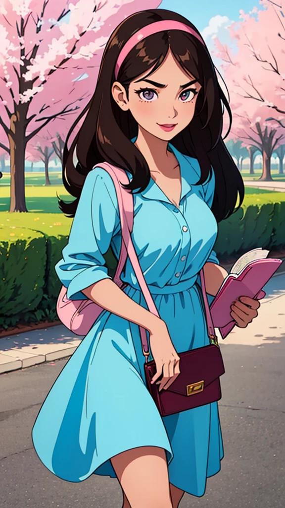 Woman. dark hair. long hair, eyes browns, wearing a blue formal dress, walking in a park, carrying a medium-sized bag with magazines, libero, light pink lipstick, expression of happiness, holding a bible in his right hand, (Friendly expression on the face), (well-detailed face), sunny day, (ultra detaild) ((best qualityer))