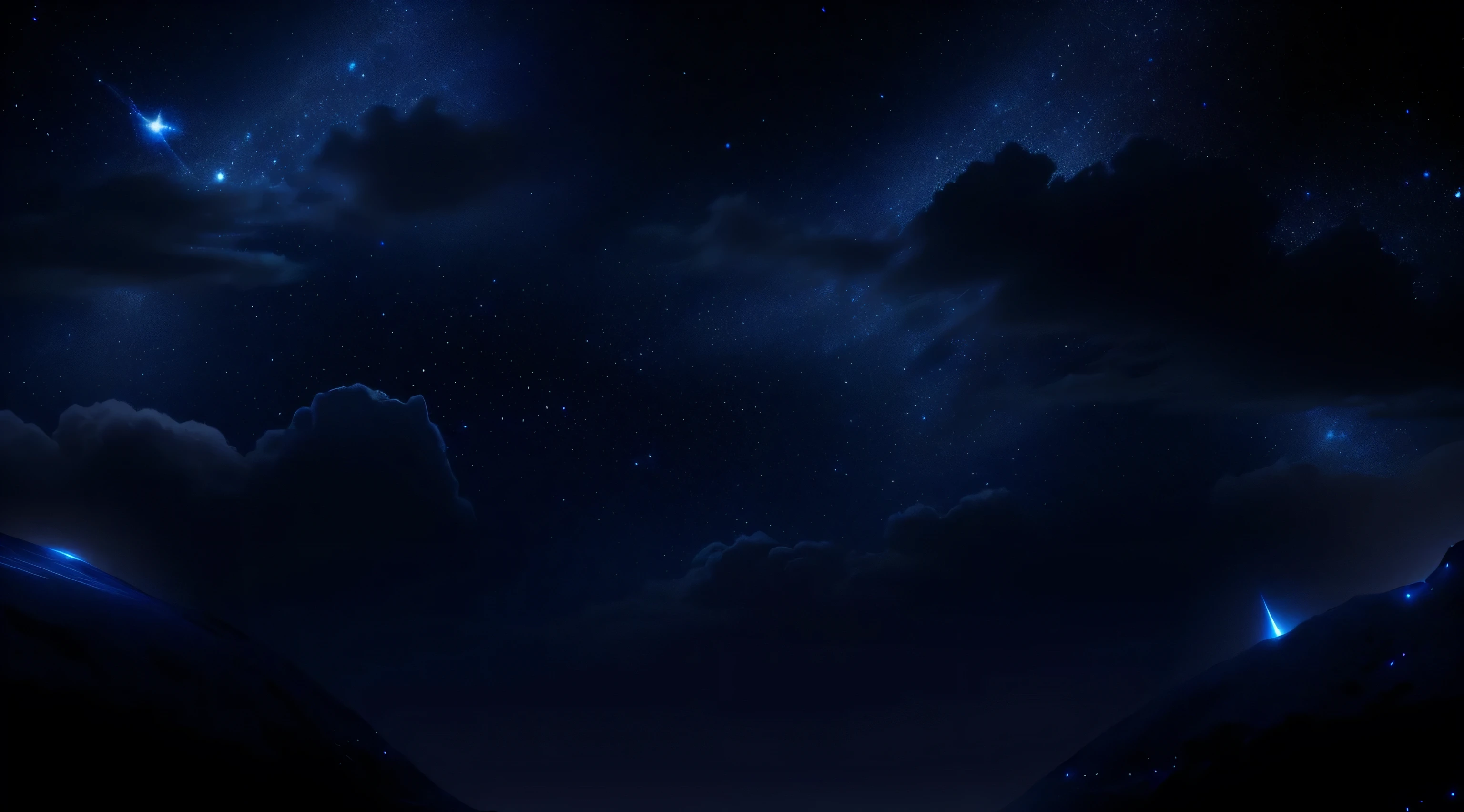 background，Upper part dark blue starry sky，The lower part is the cloud，Glowing gold effect，Dark outlook，Large 4K image，Scene Graph，landscape，illustration，