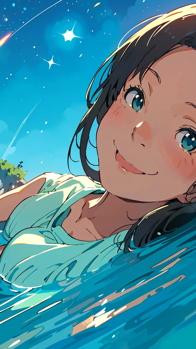 Beautiful blue sky like Ghibli　White cloud　nostalgic　anime((Ultra detailed face)),Describe a scene in which a beautiful female character is lying on water, Look up at the starry sky. Surround her with colorful nebulae and her favorite constellations.(((A big smile))).((amount)),Milky Theme