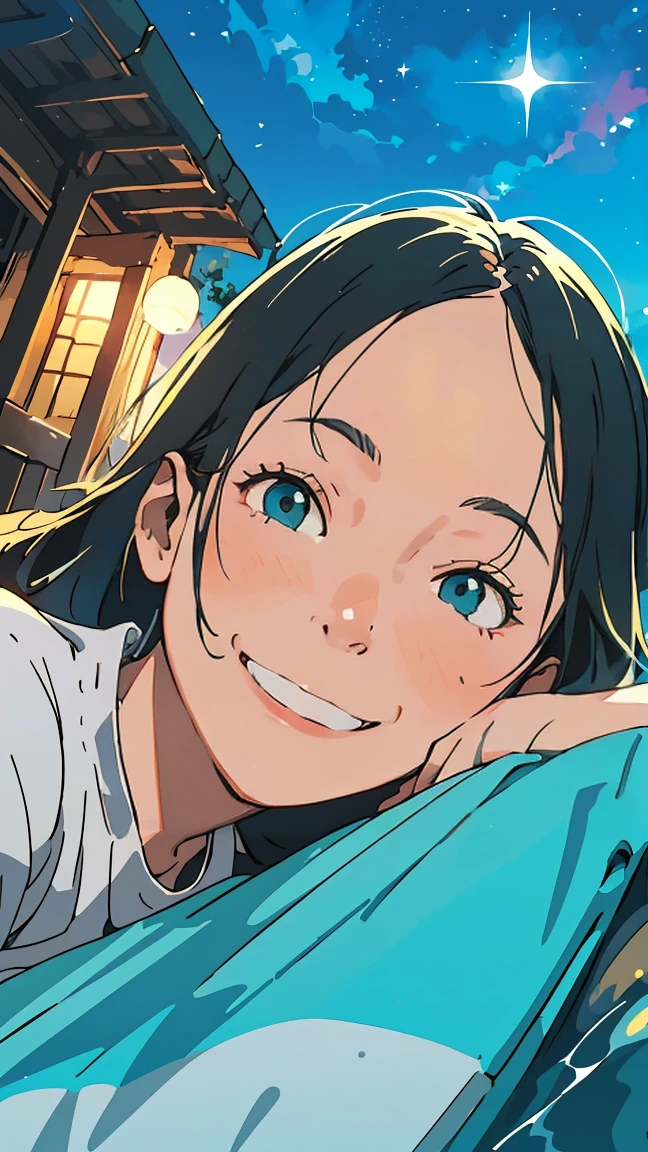 Beautiful blue sky like Ghibli White cloud nostalgic anime((Ultra detailed face)),Describe a scene in which a beautiful female character is lying on water, Look up at the starry sky. Surround her with colorful nebulae and her favorite constellations.(((A big smile))).((amount)),Milky Theme