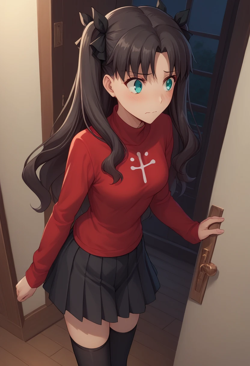 score_9, score_8_up, score_7_up, source_anime,1girl, , cute, beautiful,young, Standing on a doorstep, in front of the door of a victorian mansion, at night, nervous, nsfw, from above, , hi-res, 8k, rin tohsaka, {aqua eyes, black hair, hair ribbon, long hair, ribbon, sidelocks, two side up, parted bangs,, black skirt, black thighhighs, long sleeves, miniskirt, pleated skirt, red sweater, skirt, sweater, thighhighs, turtleneck,
