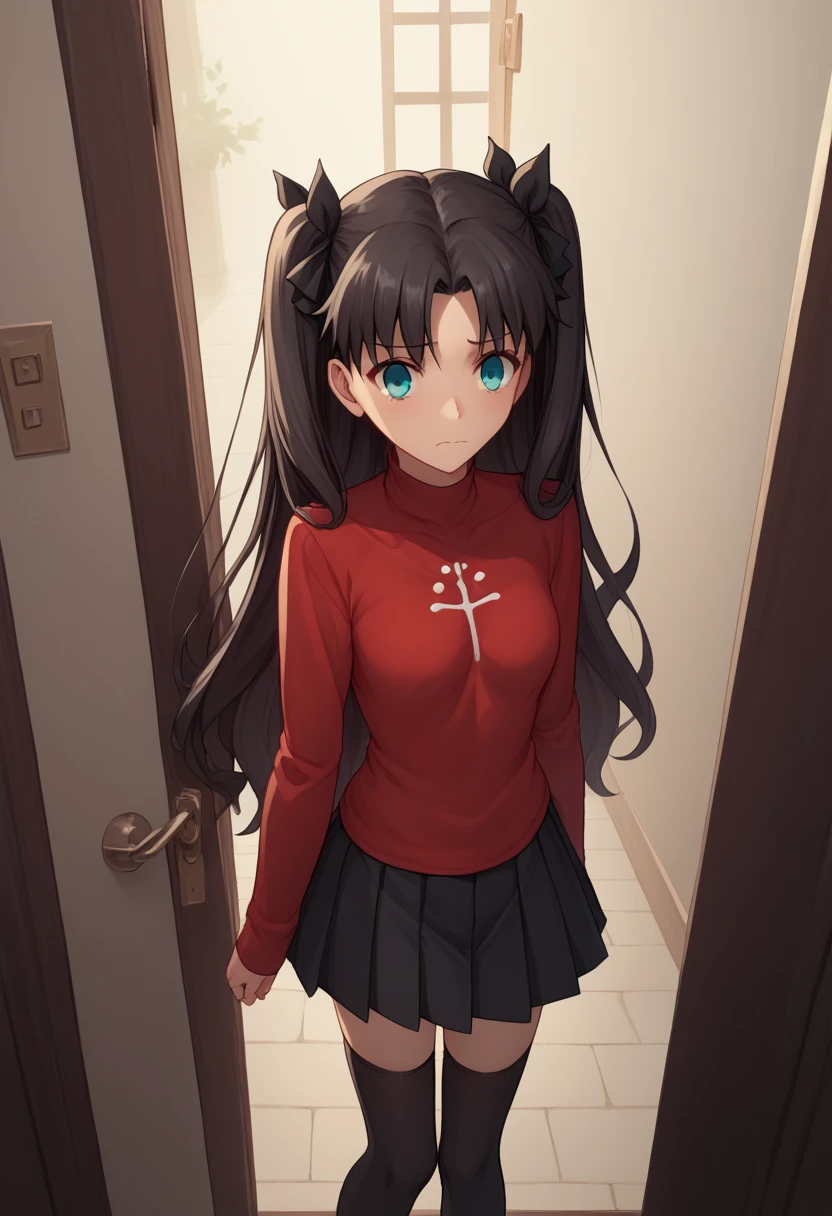 score_9, score_8_up, score_7_up, source_anime,1girl, , cute, beautiful,young, Standing on a doorstep, in front of the door of a victorian mansion, at night, nervous, nsfw, from above, , hi-res, 8k, rin tohsaka, {aqua eyes, black hair, hair ribbon, long hair, ribbon, sidelocks, two side up, parted bangs,, black skirt, black thighhighs, long sleeves, miniskirt, pleated skirt, red sweater, skirt, sweater, thighhighs, turtleneck,

