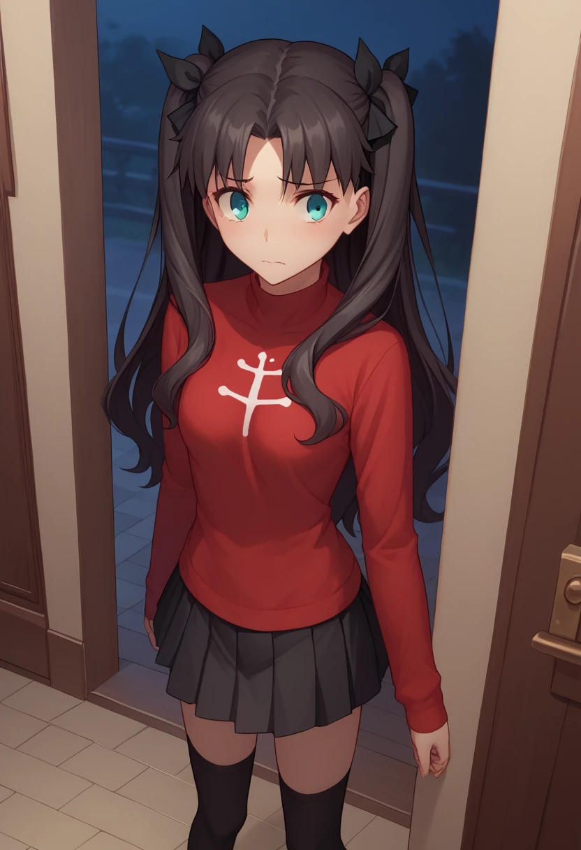 score_9, score_8_up, score_7_up, source_anime,1girl, , cute, beautiful,young, Standing on a doorstep, in front of the door of a victorian mansion, at night, nervous, nsfw, from above, , hi-res, 8k, rin tohsaka, {aqua eyes, black hair, hair ribbon, long hair, ribbon, sidelocks, two side up, parted bangs,, black skirt, black thighhighs, long sleeves, miniskirt, pleated skirt, red sweater, skirt, sweater, thighhighs, turtleneck,
