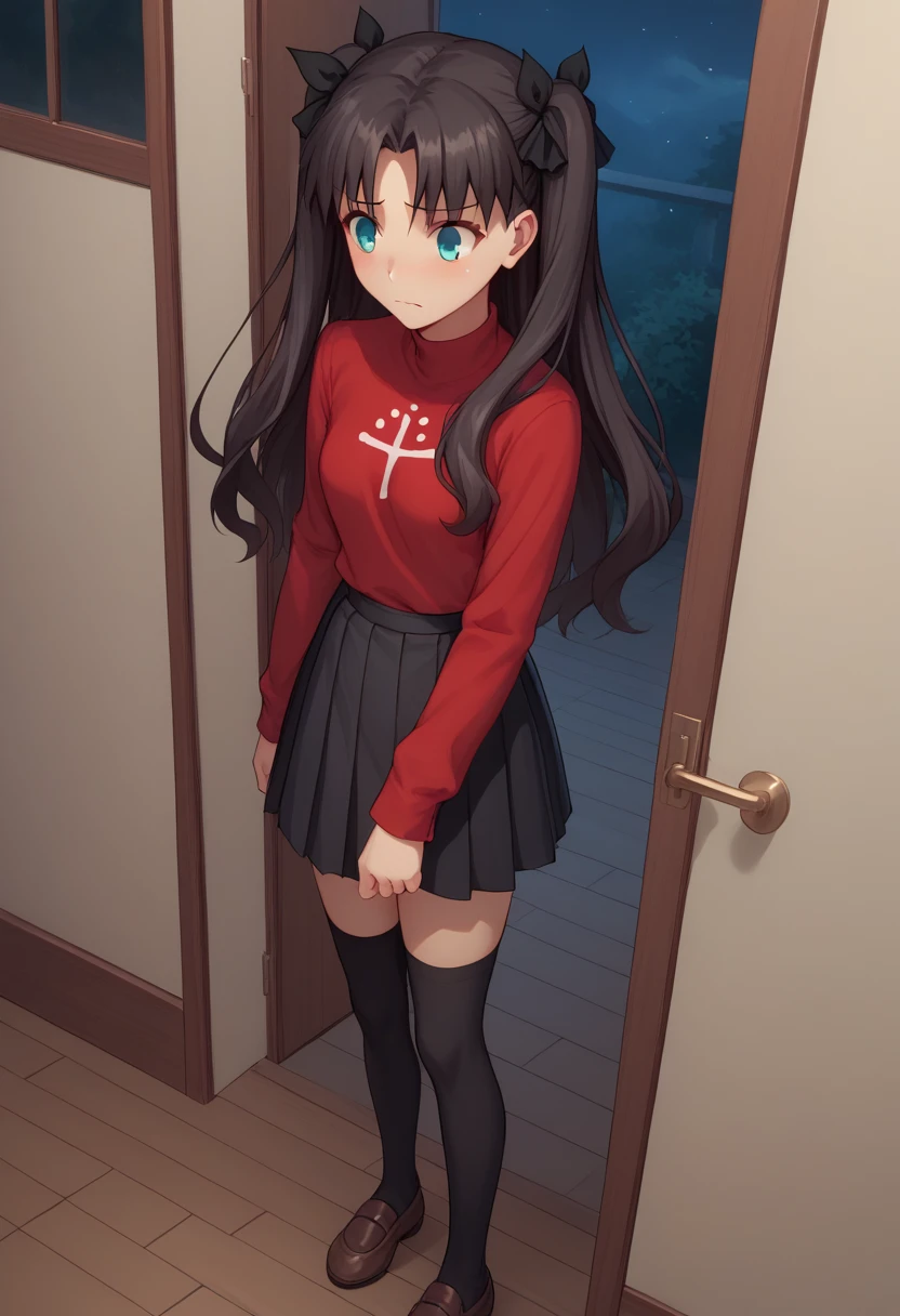 score_9, score_8_up, score_7_up, source_anime,1girl, , cute, beautiful,young, Standing on a doorstep, in front of the door of a victorian mansion, at night, nervous, nsfw, from above, , hi-res, 8k, rin tohsaka, {aqua eyes, black hair, hair ribbon, long hair, ribbon, sidelocks, two side up, parted bangs,, black skirt, black thighhighs, long sleeves, miniskirt, pleated skirt, red sweater, skirt, sweater, thighhighs, turtleneck,
