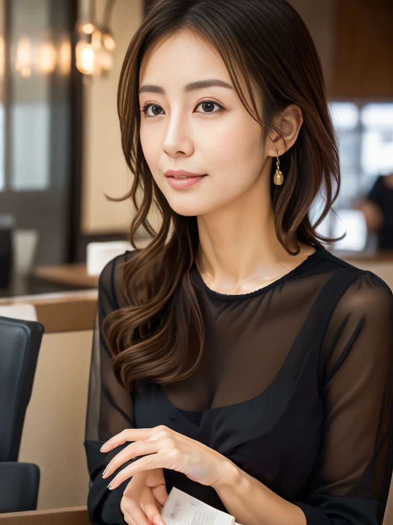 1 Girl, (Wearing a black blouse:1.2), Beautiful Japanese actresses,
(RAW Photos, Highest quality), (Realistic, Photorealistic:1.4), masterpiece,
Very delicate and beautiful, Very detailed, 2k wallpaper, wonderful,
finely, Very detailed CG Unity 8K 壁紙, Very detailedな, High resolution,
Soft Light, Beautiful detailed girl, Very detailed目と顔, Beautiful and detailed nose, Beautiful and detailed, Cinema Lighting,
break
(With a stylish cafe interior as the background 1.3), airport、
Cabin attendant