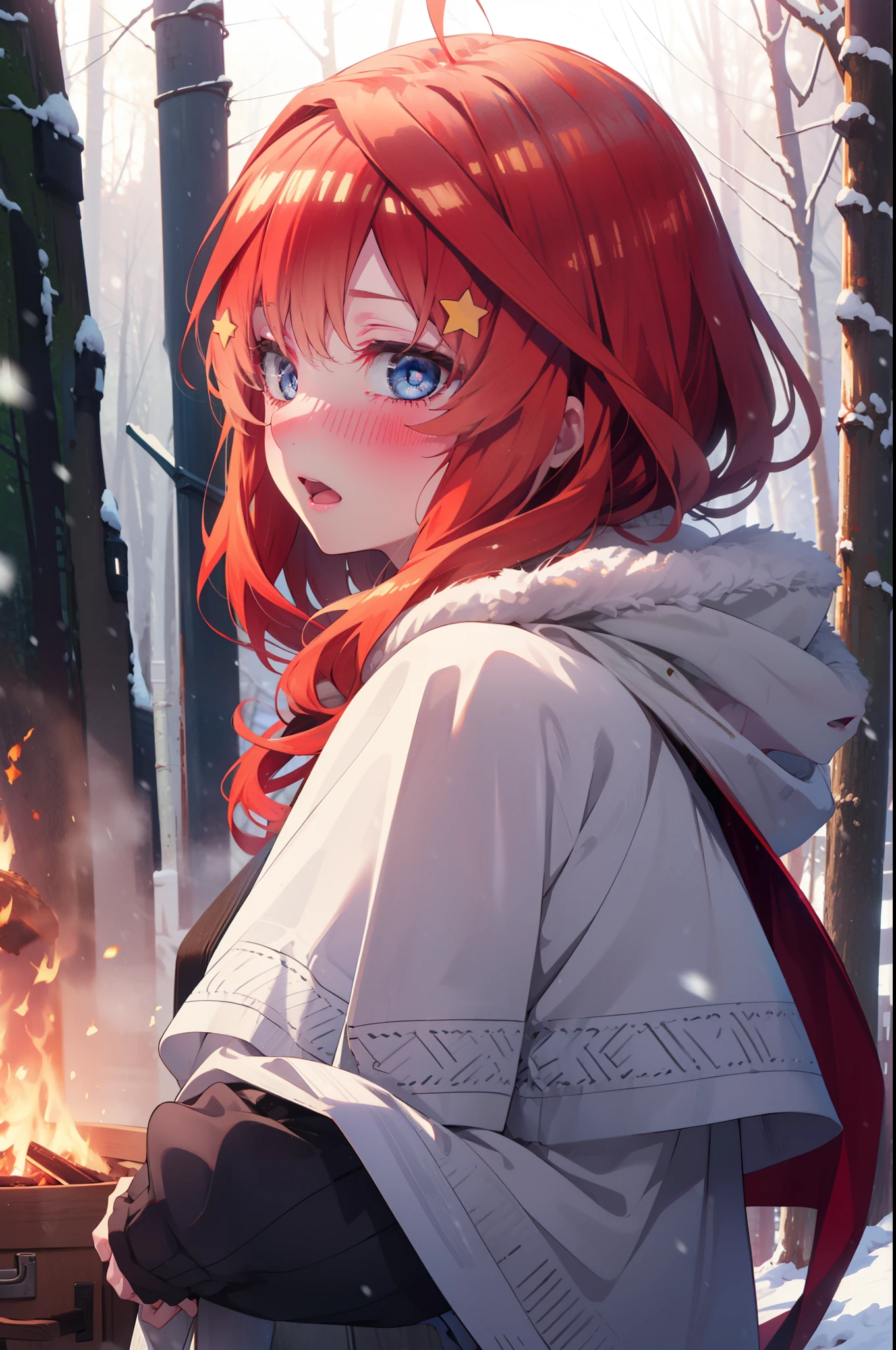 itsukinakano, itsuki nakano, bangs, blue eyes, Hair between the eyes, Ahoge, Redhead, star \(symbol\), hair ornaments, star hair ornaments,smile,blush,White Breath,
Open your mouth,snow, fire, Outdoor, boots, snowing, From the side, wood, suitcase, Cape, Blurred, Increase your meals, forest, White handbag, nature, Squat, Mouth closed, Hooded Cape, winter, Written boundary depth, Black shoes, red Cape break looking at viewer, Upper Body, whole body, break Outdoor, forest, nature, break (masterpiece:1.2), Highest quality, High resolution, unity 8k wallpaper, (shape:0.8), (Beautiful and beautiful eyes:1.6), Highly detailed face, Perfect lighting, Extremely detailed CG, (Perfect hands, Perfect Anatomy),