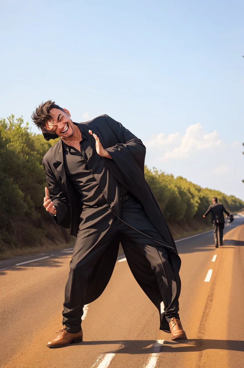 Man in black with his hands behind him laughing on a road