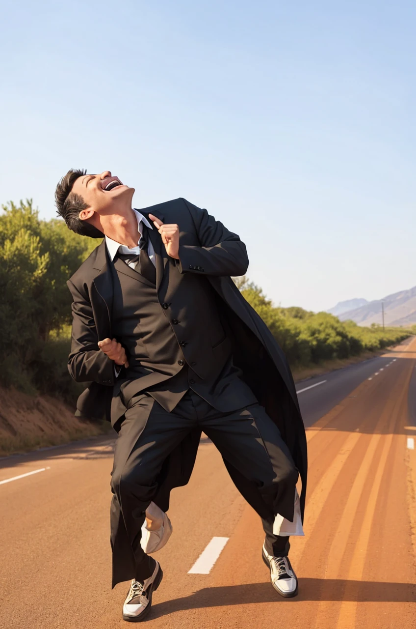 Man in black with his hands behind him laughing on a road