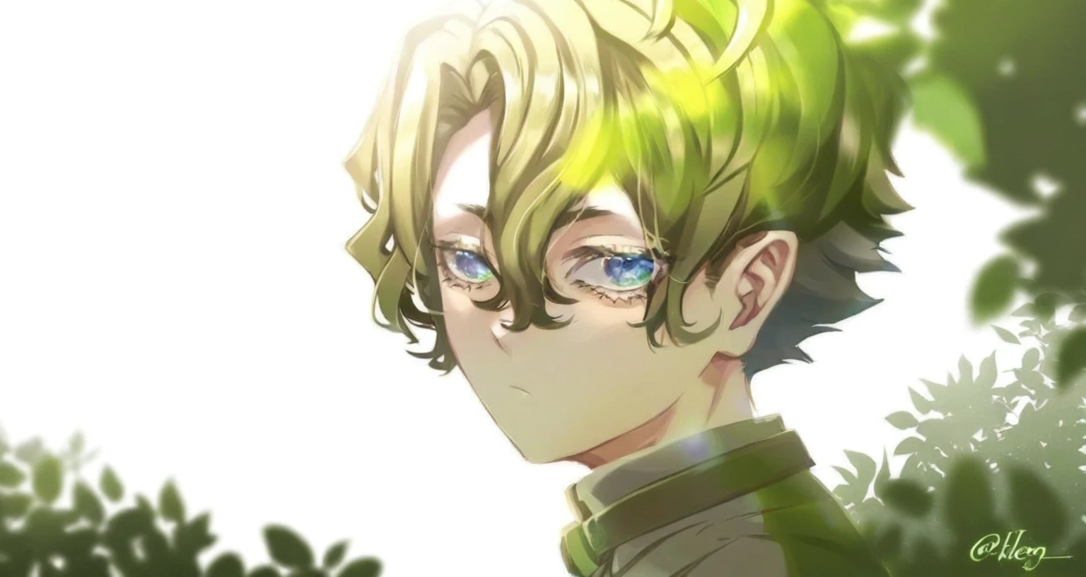 anime boy with green hair and blue eyes looking at camera, handsome guy in demon slayer art, Anime main art, portrait of Eren Yeager, high quality fanart, demon slayer rui fanart, clear green eyes, accurate green eyes, made with anime painter studio, main visuals of the anime, Eren Yeager, cute androgynous prince, his eyes glowing yellow