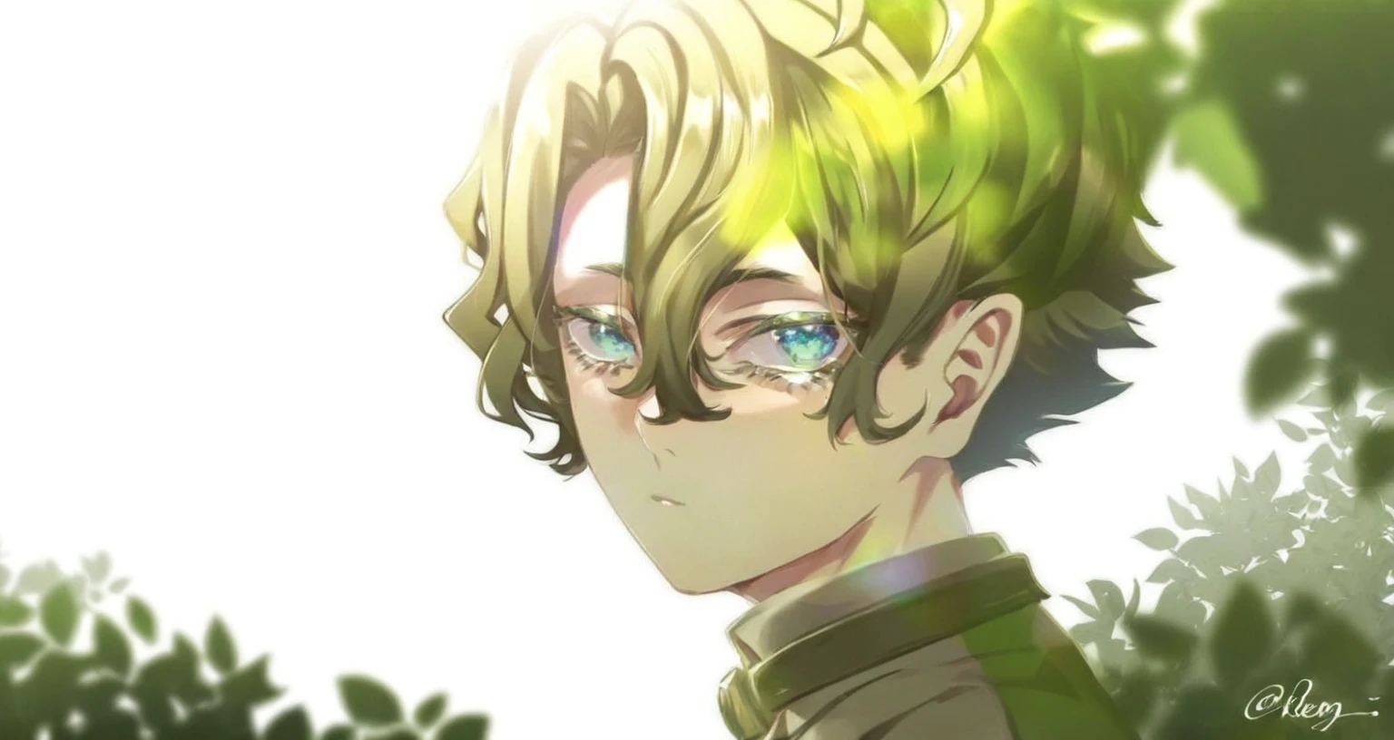 anime boy with green hair and blue eyes looking at camera, handsome guy in demon slayer art, Anime main art, portrait of Eren Yeager, high quality fanart, demon slayer rui fanart, clear green eyes, accurate green eyes, made with anime painter studio, main visuals of the anime, Eren Yeager, cute androgynous prince, his eyes glowing yellow
