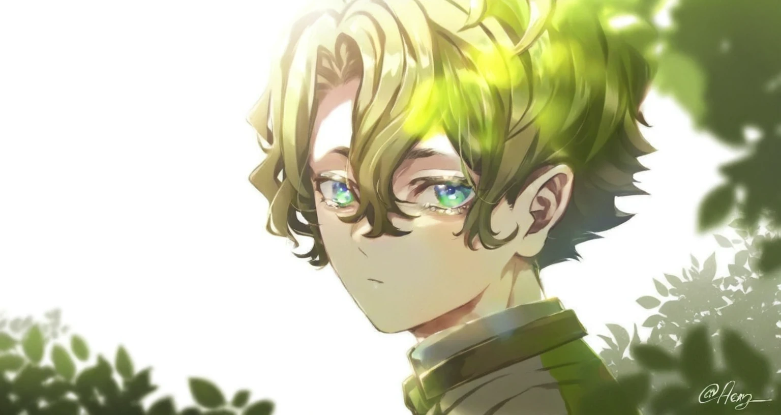 anime boy with green hair and blue eyes looking at camera, handsome guy in demon slayer art, Anime main art, portrait of Eren Yeager, high quality fanart, demon slayer rui fanart, clear green eyes, accurate green eyes, made with anime painter studio, main visuals of the anime, Eren Yeager, cute androgynous prince, his eyes glowing yellow