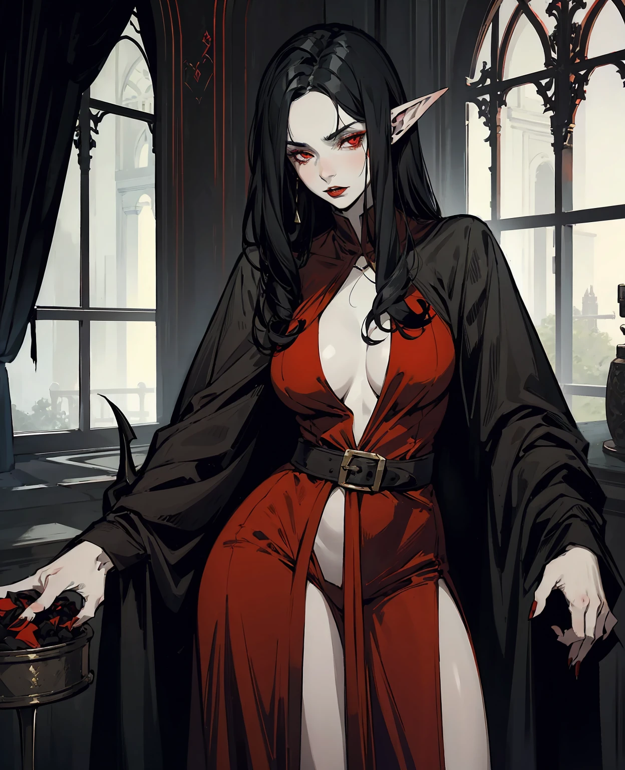 a devilish woman with black hair, pale skin, and red eyes, wearing an elf-like costume, in a dark and mysterious setting,
