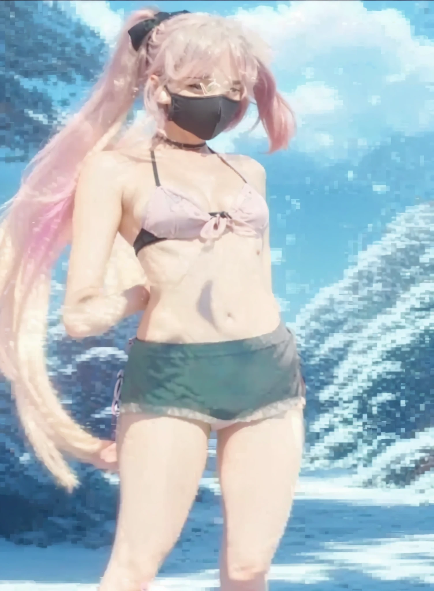 Sexy bikini girl, black mask, long pink hair, beatiful, snow background