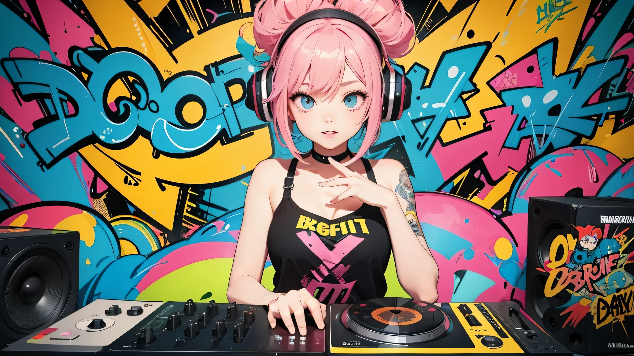 poster art, very close up, graffiti DJ's girl dance on a chair with a DJ's girl in her hand, graffiti art inspired by Tadanori Yokoo, PIKIV, shock art, Bright colorful comic book style, graffiti _ Background ( DJ console, huge music speakers ), amazing manga art style, anime style 4k, graffiti art style, bright cartoon, Bright colorful comic book style, 2D anime style, graffiti style, in graffiti style, high quality, 4k resolution.