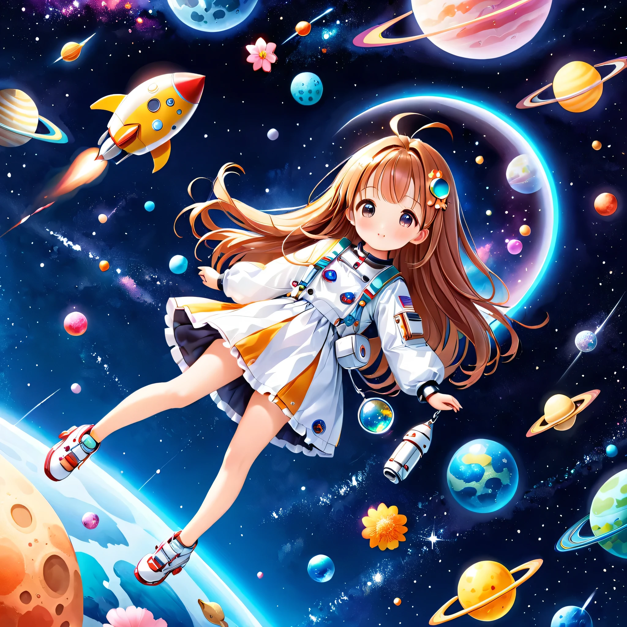 Momoko Sakura style、Kawaii Design, The most beautiful girl of all time、chibi, (((Cute and colorful amoeba))), (((Space Exploration)))