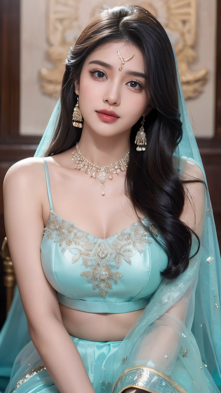 (best quality, ultra-detailed, realistic:1.37), professional, beautiful detailed eyes, beautiful detailed lips, detailed facial features, natural skin tones, perfect skin texture, delicate facial expressions, image in high resolution, realistic face, realistic skin, plain face, natural smile, highly detailed hair, 20 years, (Kiran, beautiful Indian young woman), radiates cyan bridal glamour in an exquisite Lehenga Choli adorned with intricate embroidery and ornate jewelry. The high-resolution image captures ultra-detailed realism, highlighting Kiran's captivating eyes, sitting, expressive lips, and graceful facial features, enhancing her bridal beauty. The soft lighting and floral decorations create a visually stunning representation of traditional Indian weddings and the joyous celebration of love, Beautiful background.