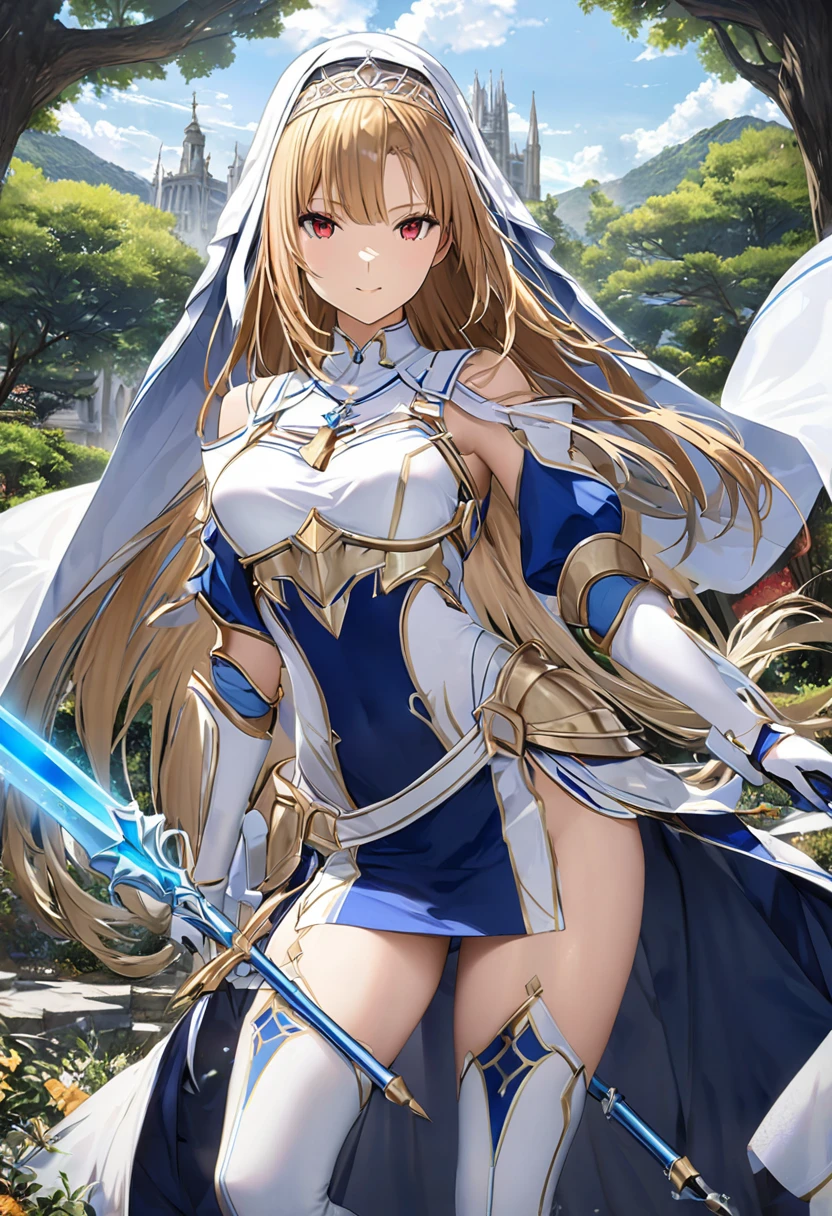 Highest quality、unity 8k wallpaper、32k、masterpiece、Very detailed、Ultra-high resolution、Very detailedな顔, RAW Photos, Professional, Ultra-fine painting、Yukiasuna、Midnight blue long straight hair、Platinum tiara with blue gemstones、Blue Nun Cape、Red Eyes、(Tree Eyes), Cool and sharp features, hime cut, 20～A female magical warrior, about 24 years old.、White and gold breastplate、Blue and white leotard、(((Blue and white gold-embellished long pencil skirt with side armor and long slits)))、Half puff sleeves with shoulder pads、A large white ribbon with a large sapphire on the chest、White and blue long gloves、(((White and blue thigh-high stiletto boots:1.0)))、whole body、He has a spear with a glowing blue blade,