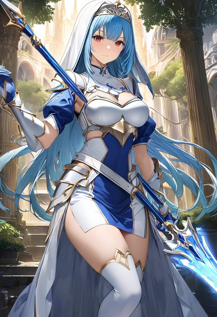 Highest quality、unity 8k wallpaper、32k、masterpiece、Very detailed、Ultra-high resolution、Very detailedな顔, RAW Photos, Professional, Ultra-fine painting、Yukiasuna、Midnight blue long straight hair、Platinum tiara with blue gemstones、Blue Nun Cape、Red Eyes、(Tree Eyes), Cool and sharp features, hime cut, 20~A female magical warrior, about 24 years old.、White and gold breastplate、Blue and white leotard、(((Blue and white gold-embellished long pencil skirt with side armor and long slits)))、Half puff sleeves with shoulder pads、A large white ribbon with a large sapphire on the chest、White and blue long gloves、(((White and blue thigh-high stiletto boots:1.0)))、whole body、He has a spear with a glowing blue blade,