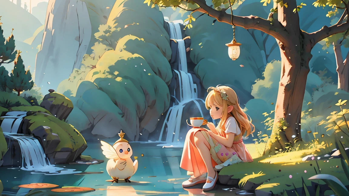 Immerse yourself in a magical 3D Disney wonderland, A charming fairy,With rainbow wings and a twinkling smile,与一只威严的白Bear和一只聪明的老owl一起享用美味的茶. The fairy is wearing a delicate pink dress, She is long, Her long blond hair falls down behind her. Bear, With a gentle expression, Sitting opposite the fairy, Drinking his favorite honey tea,, Gold Cup. owl, Perched on a nearby branch, Observing the scene closely, The Eye of Wisdom, Occasionally nod in agreement. warmth, 壁炉的warmth光芒照亮了整个场景, Create a cozy atmosphere