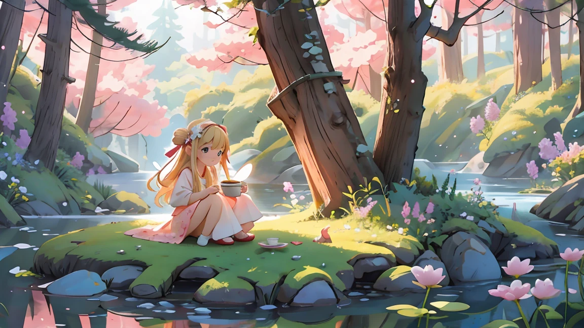 Immerse yourself in a magical 3D Disney wonderland, A charming fairy,With rainbow wings and a twinkling smile,与一只威严的白Bear和一只聪明的老owl一起享用美味的茶. The fairy is wearing a delicate pink dress, She is long, Her long blond hair falls down behind her. Bear, With a gentle expression, Sitting opposite the fairy, Drinking his favorite honey tea,, Gold Cup. owl, Perched on a nearby branch, Observing the scene closely, The Eye of Wisdom, Occasionally nod in agreement. warmth, 壁炉的warmth光芒照亮了整个场景, Create a cozy atmosphere